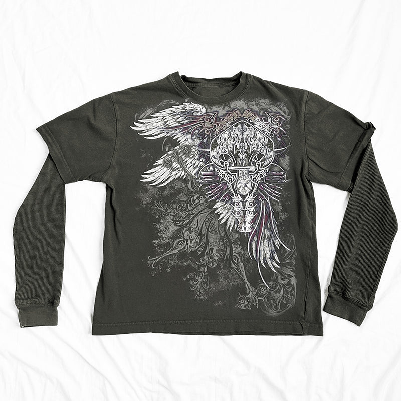 Cyber Grunge Y2K 00s Vintage Baggy Tops E-girl Coss Wings Print T-shirt Skull Graphic Long Sleeve Tees Autumn Gothic Clothes