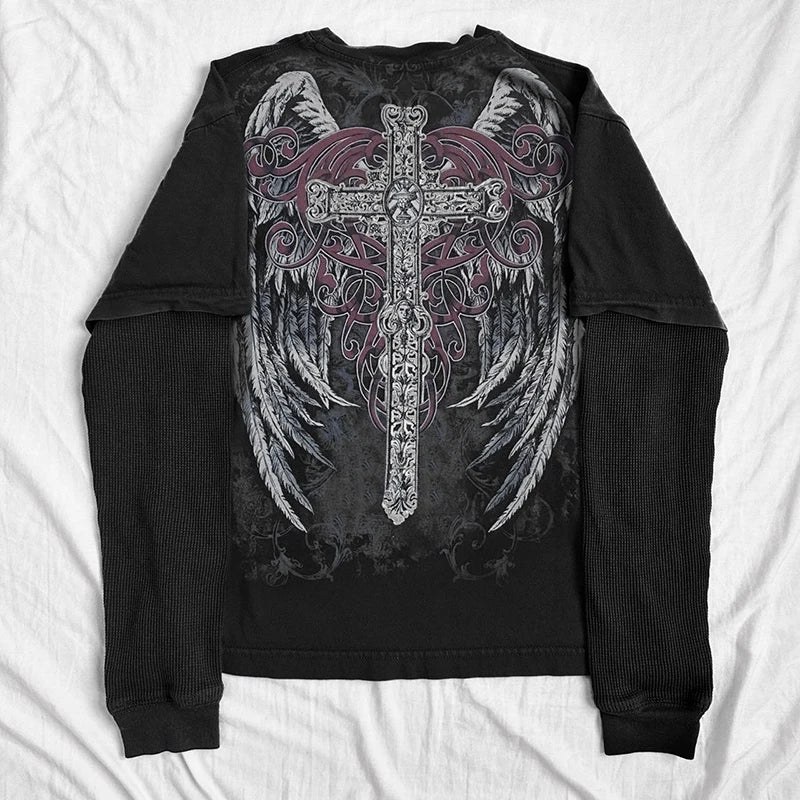 Cyber Grunge Y2K 00s Vintage Baggy Tops E-girl Coss Wings Print T-shirt Skull Graphic Long Sleeve Tees Autumn Gothic Clothes