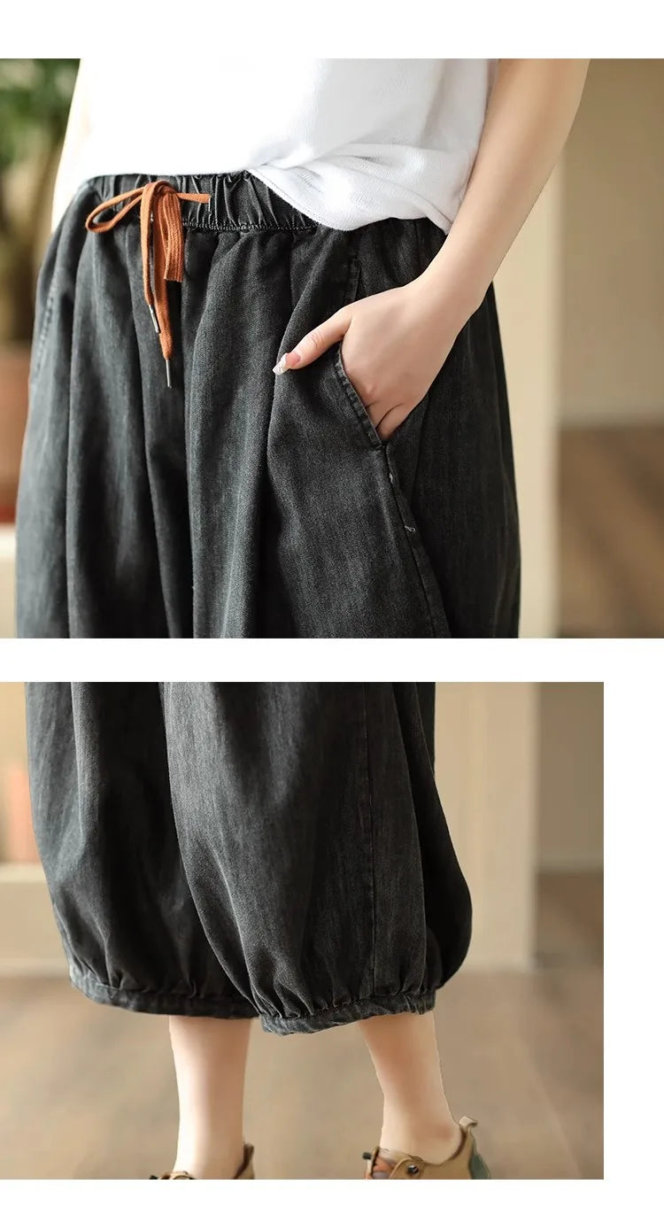 New Women's Summer High-waisted Oversized Calf-length Wide-leg Pants Versatile Casual Loose Streetwear Drawstring Baggy Jeans