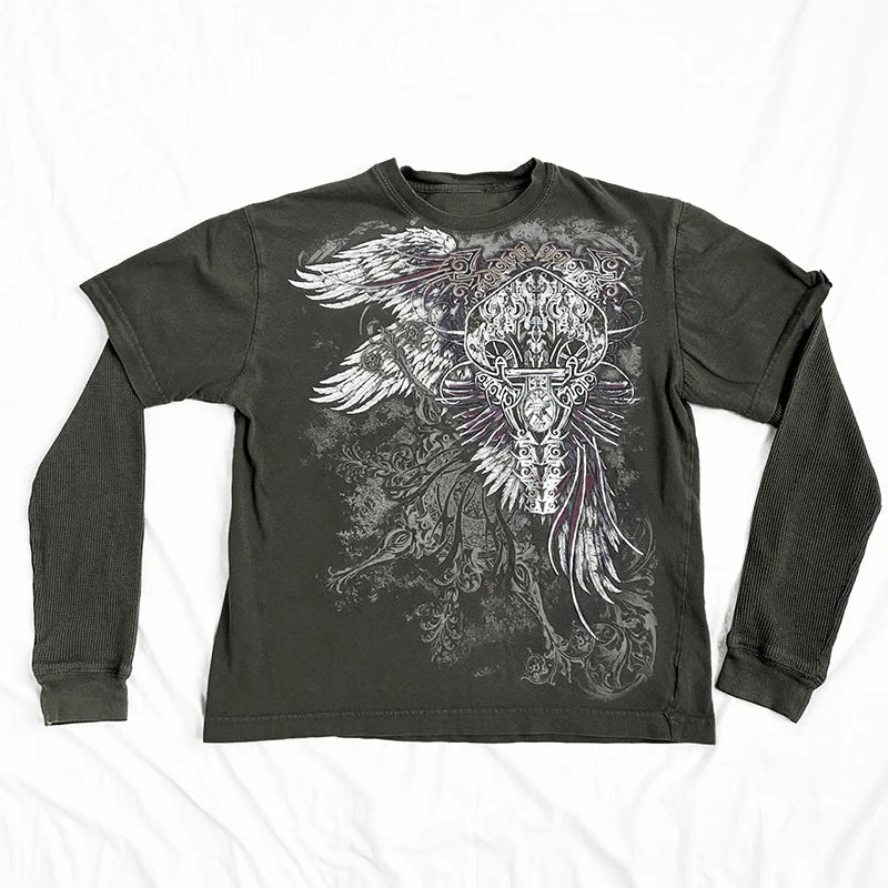 Cyber Grunge Y2K 00s Vintage Baggy Tops E-girl Coss Wings Print T-shirt Skull Graphic Long Sleeve Tees Autumn Gothic Clothes