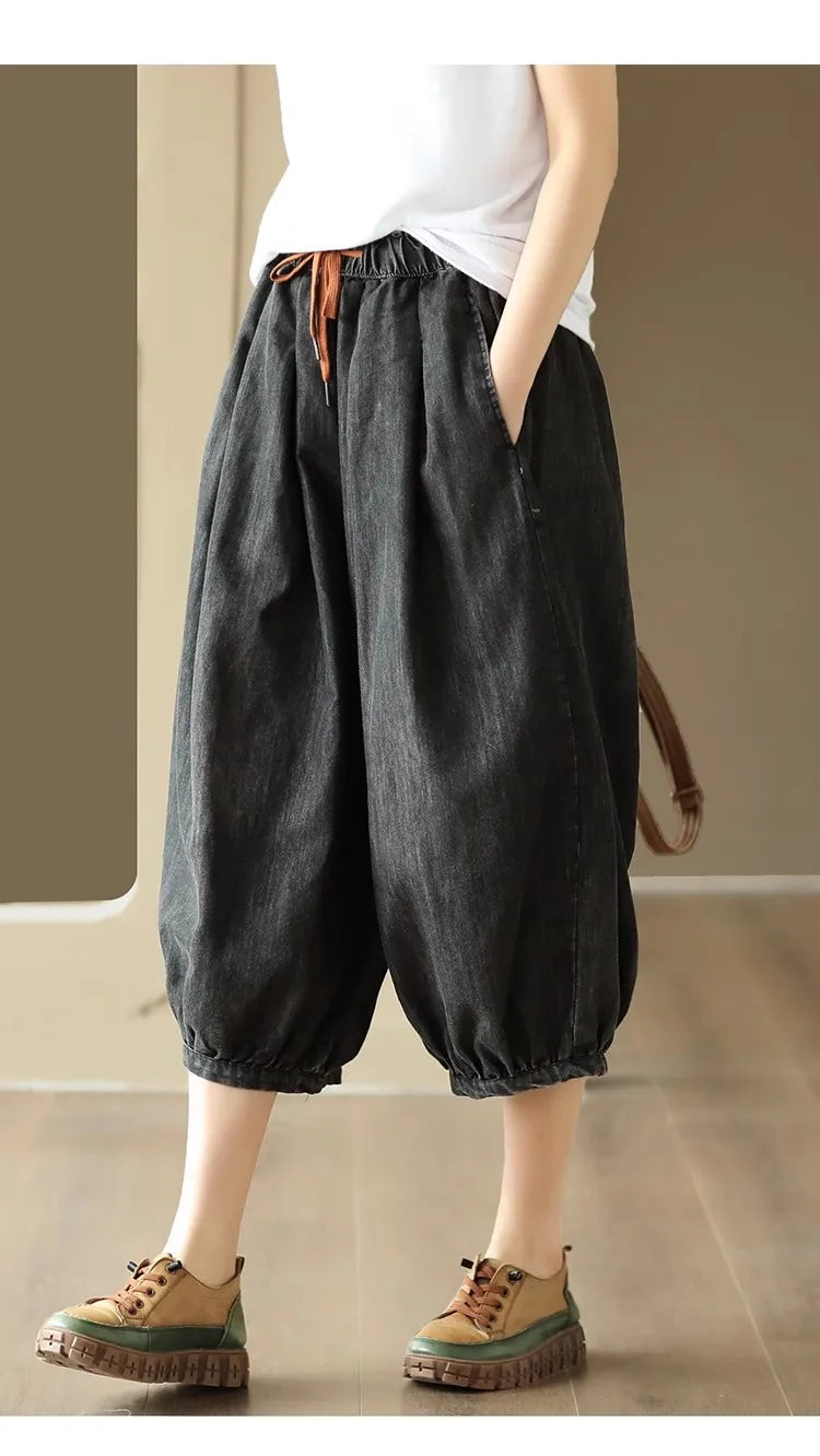 New Women's Summer High-waisted Oversized Calf-length Wide-leg Pants Versatile Casual Loose Streetwear Drawstring Baggy Jeans