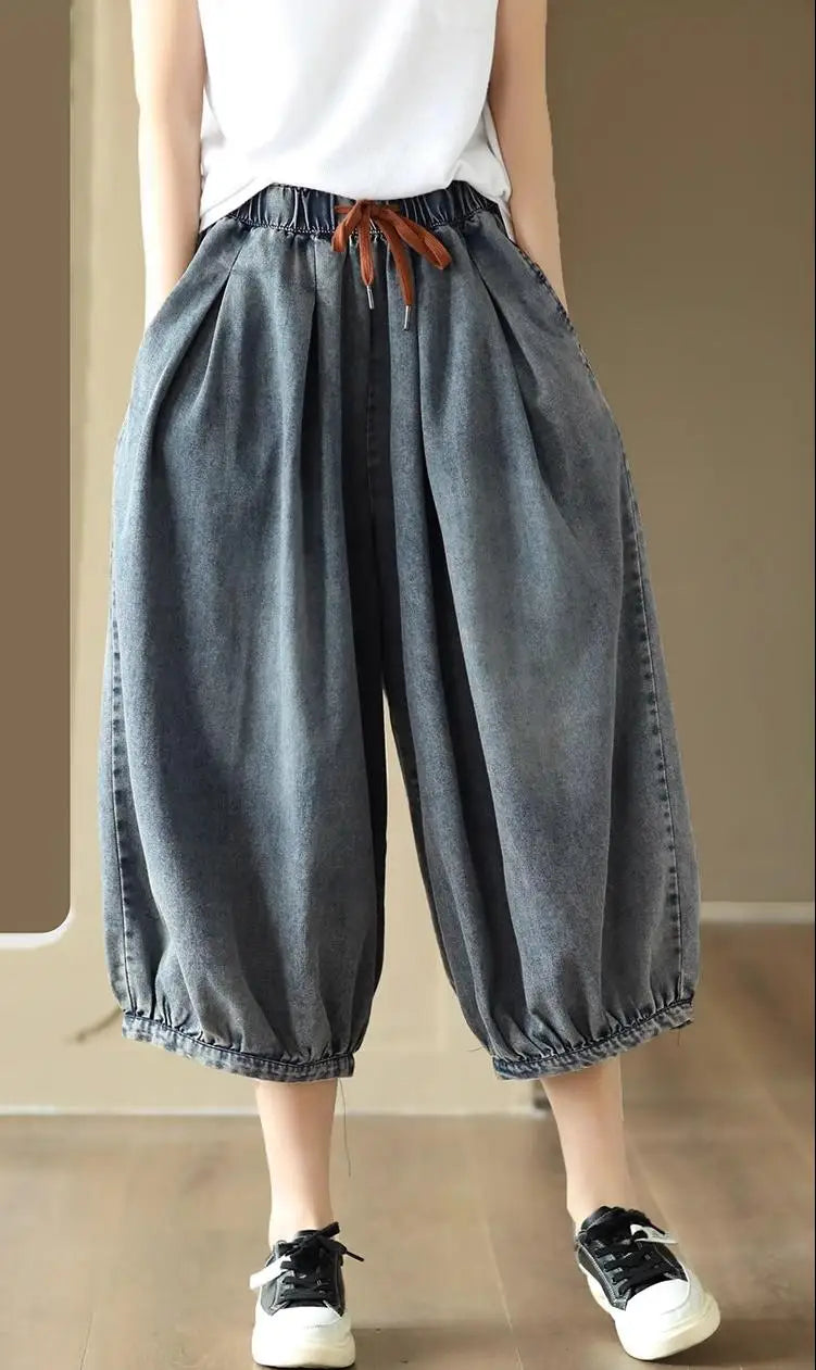 New Women's Summer High-waisted Oversized Calf-length Wide-leg Pants Versatile Casual Loose Streetwear Drawstring Baggy Jeans