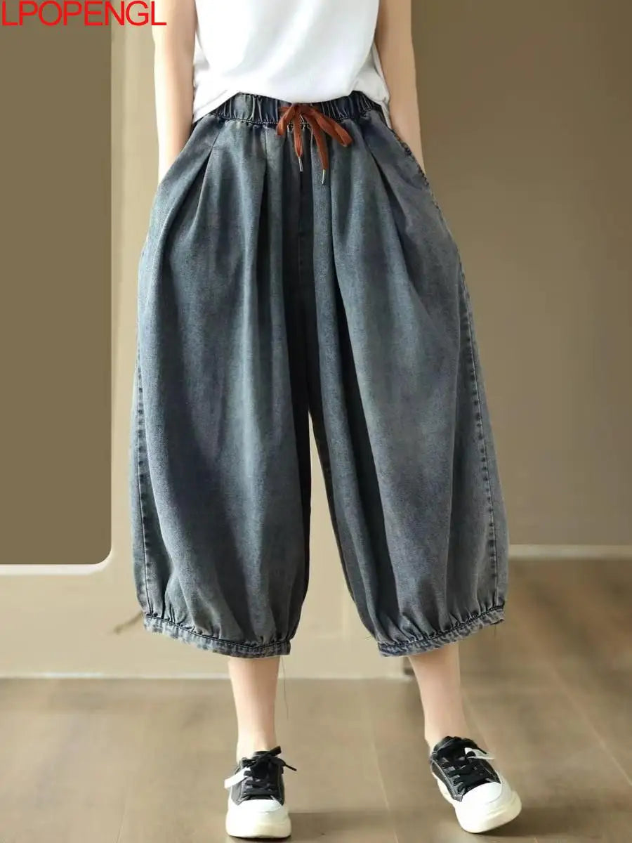 New Women's Summer High-waisted Oversized Calf-length Wide-leg Pants Versatile Casual Loose Streetwear Drawstring Baggy Jeans