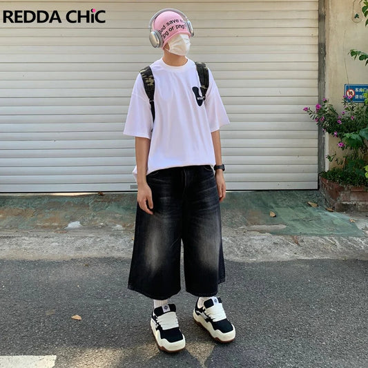 ReddaChic Low Waist Wide Leg Jorts for Men Baggy Jeans Cropped Loose Casual Denim Short Y2k Pants Harajuku Retro Hiphop Clothes