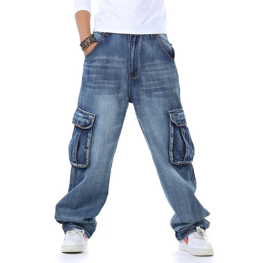 Mens Baggy Jeans Spring and Autumn New Fat Guy Large Size Fashion Multi-pocket Wide Loose Jeans Mens Denim Trousers