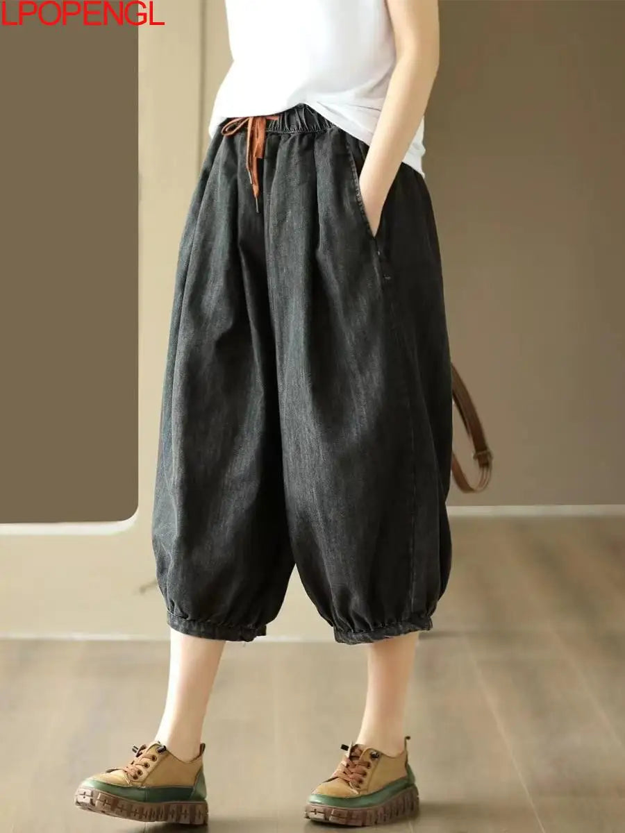 New Women's Summer High-waisted Oversized Calf-length Wide-leg Pants Versatile Casual Loose Streetwear Drawstring Baggy Jeans