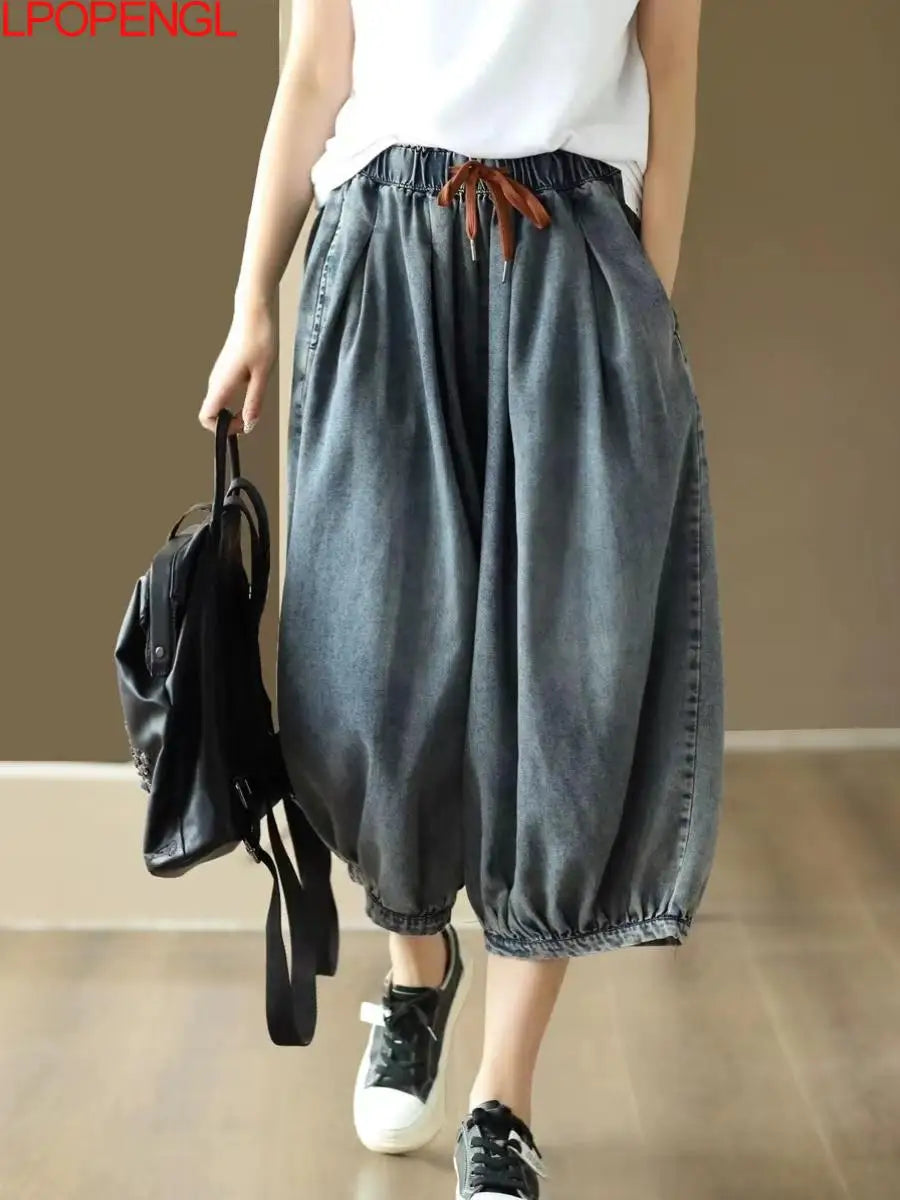 New Women's Summer High-waisted Oversized Calf-length Wide-leg Pants Versatile Casual Loose Streetwear Drawstring Baggy Jeans